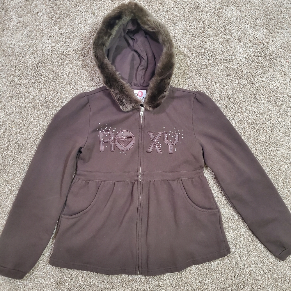 Roxy Vintage Brown Faux Fur Hooded Zip Front Warm‎ Girls Sweatshirt Medium